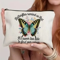 Detail showing hand holding canvas makeup bag with butterfly prints and inspiring quotes - Colored Butterfly Elegant Floral Style (TSND59-5)
