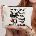 Detail of canvas pouch showing funny French Bulldog illustration and quote text print - Frenchie with Red Mug (TSND60-7)