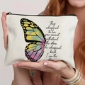 Canvas makeup bag featuring a butterfly print and an inspiring quote with black zipper - Half Butterfly Inspirational Short Sentence Style (TSND59-12)
