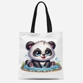 White canvas tote bag with black handles featuring a cute cartoon panda playing in water - Panda Playing in Water Style (FBDT33-6)