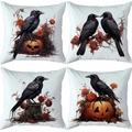 Set of four gothic Halloween pillow covers with crows, pumpkins, and red roses motifs - Gothic Crow Rose (TDLD97-7)