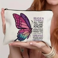 Detail view of canvas butterfly cosmetic bag with inspiring quote held by hands - Purple Gradient Butterfly Style (TSND59-2)