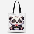 White canvas tote bag featuring a cute cartoon panda holding a flower with black handles - Panda Holding Flower Style (FBDT33-7)