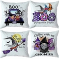 Set of four Halloween pillow covers featuring purple gnomes and spooky pumpkin designs - Purple Truck And Web (TDLD97-9)