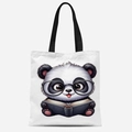 White canvas tote bag featuring a cute cartoon panda wearing glasses reading a book - Panda Reading Style (FBDT33-8)