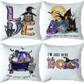 Four-pack Halloween throw pillow covers featuring ghosts, pumpkins, and gnome designs - Black Cat And Castle (TDLD97-10)