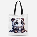 White canvas tote bag featuring a cute cartoon panda wearing a scarf with black handles - Panda Drinking Hot Cocoa Style (FBDT33-11)