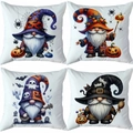 Set of 4 square white Halloween pillow covers featuring festive gnome and pumpkin prints - Pumpkin Gnomes Series (TDLD97-11)