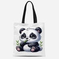 White canvas tote bag featuring a cute cartoon panda eating bamboo with black straps - Panda Eating Bamboo Style (FBDT33-12)
