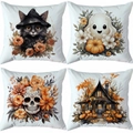 Juego de cuatro fundas de cojín de Halloween de otoño con diseños de gato negro y fantasma - Estilo Halloween Gato Negro Fantasma Calavera (TDLD98-1)