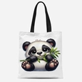 Cute cartoon panda canvas tote bag with black straps and green bamboo print - Panda Holding Bamboo Branch Style (FBDT33-13)