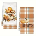 Autumn microfiber kitchen towels set featuring pumpkin prints and orange plaid design - Pumpkin Sunflower Style (MJBT73-2) / 40*60cm