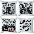 Set of 4 Halloween throw pillow covers with black, white and pink ghost pumpkin motifs - Black White Pink Castle (TDLD97-13)