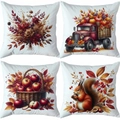 Juego de cuatro fundas de cojín de otoño con diseños de calabazas y ardilla listada - Estilo Camión Rojo Vintage Manzana Ardilla (TDLD98-2)