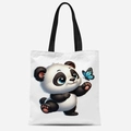 Cute cartoon panda and butterfly canvas tote bag with black handles in off-white - Panda with Blue Butterfly Style (FBDT33-14)