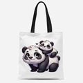 White canvas tote bag featuring cute cartoon panda print and black wide shoulder straps - Two Pandas Style (FBDT33-15)