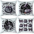 Set of four Halloween pillow covers with ghost, witch hat and pumpkin head prints - Purple Ghost Witch (TDLD97-14)
