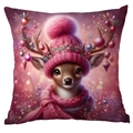 Detailansicht des rosa Weihnachts-Hirschdrucks auf quadratischem Deko-Kissenbezug - 45x45cm Einseitig (Ohne Füllung) / Rentier mit Rosa Hut Stil (CDR385-3)