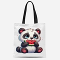 White canvas tote bag featuring cute cartoon panda eating watermelon with black handles - Panda Eating Watermelon Style (FBDT33-18)