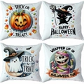 Set of 4 Halloween pillow covers featuring pumpkin, black cat, ghost and mummy designs - Cute Ghost Mummy (TDLD97-17)