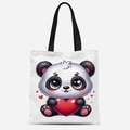 White canvas tote bag with black straps and cute cartoon panda holding a red heart - Panda with Heart Style (FBDT33-21)
