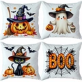 Set of 4 Halloween throw pillow covers with cartoon ghosts, pumpkins and black cats - BOO Pumpkin Black Cat (TDLD97-18)
