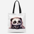 White canvas tote bag with black straps featuring a cute panda wearing pink stripes - Panda with Striped Blanket Style (FBDT33-23)
