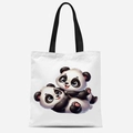 White canvas tote bag featuring cute cartoon panda print and contrasting black straps - Two Q Version Pandas Style (FBDT33-24)