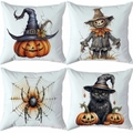 Set of four Halloween pillow covers with ghost pumpkins and black cat illustrations - Pumpkin Scarecrow Spider (TDLD97-20)