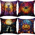 Four Halloween pillow covers with stained glass patterns of skulls, spiders, and pumpkins - Stained Glass Style (TDLD97-21)