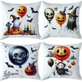 Set of four Halloween pillow covers with pumpkin, ghost, and bat prints on white fabric - Cartoon Balloon Tombstone (TDLD97-22)