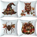 Four-pack of white Halloween pillow covers featuring witch hat, owl, spider, and pumpkin - Retro Collage Illustration (TDLD97-23)