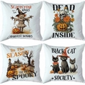 Set of four Halloween pillow covers featuring scarecrow, skull, spooky trees and black cats - Western Black Cat Society (TDLD97-24)