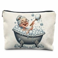 Canvas makeup bag featuring a creative grandma in a bathtub illustration with zipper - Old Lady In Clawfoot Tub Style (TSND47-6) / 21.5*15cm High Density Linen