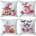 Set of 4 pink watercolor Halloween pillow covers with ghost and pumpkin designs - Pink Watercolor Halloween (TDLD97-26)