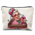 Canvas makeup bag with stylish grandmother in red convertible print and black zipper - Lady In Red Car With Gifts Style (TSND47-9) / 21.5*15cm High Density Linen