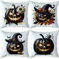 Set of 4 Halloween cushion covers featuring gothic pumpkin and wizard hat designs - Textured Jack-O-Lantern (TDLD97-27)