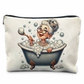 Canvas makeup bag featuring a cartoon grandmother illustration in a bubble bath - Funny Grandma In Tub With Pearls Style (TSND47-11) / 21.5*15cm High Density Linen