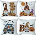 Set of four Halloween gnome pillow covers with pumpkin and bat prints on white canvas - Pumpkin Gnome Series (TDLD97-28)