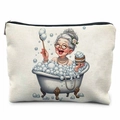 Canvas makeup bag featuring a creative grandmother bubble bath illustration and black zipper - Ivory White Grandma Bubble Bath Style (TSND47-15) / 21.5*15cm High Density Linen