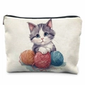 Cosmetic bag with cute blue-eyed cat and colorful yarn balls print on linen fabric - 21.5*15cm / Cat and Yarn Ball (TSND50-9)