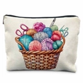 Linen pouch for knitting tools featuring colorful yarn basket and scissors print - 21.5*15cm / Colorful Yarn Basket (TSND50-11)