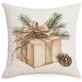 Kerst kussensloop van linnen met vintage handgetekende cadeau- en dennenappelpatronen - Kerst Cadeaudoos en Dennenappel (DYM386-4)