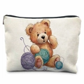 Canvas storage bag with brown teddy bear and colorful yarn balls print on white background - 21.5*15cm / Hand-painted Teddy Bear (TSND50-13)