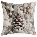 Nahaufnahme von Weihnachtskissenbezug mit Kiefernzapfen, Perlen und Schneeflocken - 45x45 cm / Tannenzapfen Perle Weihnachtsbaum Stil (DYM395-2)
