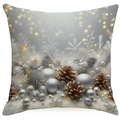 Detail des Winter-Kissenbezugs mit silbernen Ornamenten, Zapfen und Schneeflockenmustern - 45x45 cm / Festliche Ornamente und Tannenzapfen Stil (DYM395-4)