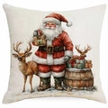 Vintage Kissenbezug mit Weihnachtsmann und Rentier Motiv auf Leinentextur - 45x45cm Leinen Einseitig Ohne Kern / Weihnachtsmann und Elch mit Geschenkbox (DYM387-2)