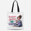 White canvas tote bag with Powered by Caffeine and Chaos illustration and black straps - Caffeine and Chaos(TFBD26-2)