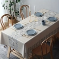 Rectangle beige tablecloth with navy vintage medallion patterns on a wooden dining table - Brushed Fabric / 40x60cm