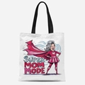 White canvas tote bag featuring a colorful Super Mom Mode cartoon illustration - Super Mom Mode(TFBD26-6)